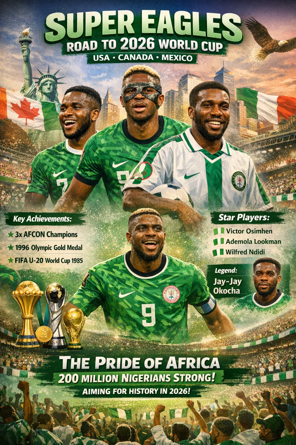 The anticipation surrounding the 🇳🇬 Nigeria FIFA World Cup 2026 team is immense, as the Super Eagles prepare to soar on football’s grandest stage across the USA, Canada, and Mexico. Representing the heartbeat of over 200 million Nigerians, this squad is more than just a national team; it is a symbol of resilience, speed, and attacking flair that has long made them one of the most respected and feared sides in African football. With a rich history, a blend of experienced stars and emerging talent, and a burning desire to surpass their previous Round of 16 finishes, Nigeria’s journey to the 2026 World Cup is a narrative of pride, passion, and the relentless pursuit of becoming the first African nation to conquer the world. Nigeria's national football team is called the "Super Eagles." It is the official team of the West African country Nigeria, which is part of the Confederation of African Football (CAF). This team is one of the most respected and feared teams in Africa. When it comes to African football, Nigeria is one of the first names that comes to mind. The Super Eagles are not just a team; they are an emotion, an identity for more than 200 million Nigerians. The entire country, from Lagos to Abuja, holds its breath for every match. This team is renowned worldwide for its speed, skill, and unpredictability. No team takes them lightly. History When does the Super Eagles' history begin? The Nigeria Football Federation (NFF) was established in 1945. Nigeria played its first international match in 1949. But the team truly established itself in international football in the 1950s and 1960s, when Nigeria gained independence from British rule. Nigeria became independent in 1960, and with it, the Super Eagles also began a new life. In 1963, Nigeria officially gained FIFA membership and became part of African football. In 1980, they won AFCON for the first time, a golden moment in Nigerian football. This boosted the team's confidence, and the world took notice. The 1994 World Cup was a turning point for Nigeria; the world saw that world-class football could also come from Africa for the first time. Playing Style How do the Super Eagles play football? Nigeria often uses a 4-3-3 or 4-2-3-1 formation. Their style is attacking; fast wingers, strong strikers, and creativity in midfield. The defense is solid, but sometimes leaves gaps. The Super Eagles are characterized by their speed. The wingers run so fast that defenders cannot keep up. This team is second to none on counterattacks. In an attack, this team is direct and aggressive. They prefer quick transitions and vertical passes over ball possession. Strong Points vs. Weak Points ✅ Strong Points Blistering Pace: Wingers and strikers are so fast that any defense can be breached. Physical Strength: Players are physically very strong and dominant in aerial duels. Attacking Talent: The squad boasts a world-class striker like Victor Osimhen. AFCON Experience: Three-time continental champions; know how to play under pressure. Young Talent Pool: Nigeria has no shortage of young footballers; the future is bright. ❌ Weak Points Lack of Consistency: Sometimes plays very well, sometimes loses to unexpected teams. Midfield Control: Weak ball control and possession game in midfield. Qualification Struggle: Sometimes, World Cup qualification becomes difficult. Records and Achievements What major records have the Super Eagles set? Nigeria has been a three-time AFCON champion. They won a gold medal at the 1996 Olympics, which was historic for Africa. Their best FIFA ranking is 5th, achieved in 1994. Nigeria was the first African team to win the FIFA World Youth Championship (now the U-20 World Cup); they achieved this feat in 1985 in the Soviet Union. The gold medal at the 1996 Atlanta Olympics was the Super Eagles' greatest achievement. They defeated teams like Brazil and Argentina in that tournament; the whole world was stunned. 🗣️ "Nigeria's strength lies in their rawness; they are not technically refined, but they are physically and mentally very strong." — Carlos Ibe, African Football Commentator (Illustrative Quote) World Cup Journey What was the Super Eagles' most memorable World Cup journey? Nigeria first participated in the 1994 USA World Cup. In that tournament, they shocked everyone by defeating Italy and Greece in the group stage. They lost to Italy 2-1 in the Round of 16, but the match was competitive until the last minute. 1994 — USA: First World Cup, defeated Italy in the group stage. Made history by defeating the Yankees. Lost to Italy in the Round of 16. 1998 — France: Lost to Denmark 4-1 in the Round of 16; a disappointing exit. 2002 — South Korea/Japan: Failed to qualify from the group stage. 2010 — South Africa: Eliminated in the group stage. 2014 — Brazil: Lost 2-0 to France in the Round of 16 but performed well in the tournament. 2018 — Russia: Eliminated in the group stage; Played a memorable match against Argentina but failed to qualify. Titles & Achievements What have the Super Eagles won so far? Nigeria has won three AFCON titles: in 1980, 1994, and 2013. Won the 1996 Olympic gold medal. Won the FIFA World Youth Championship in 1985. It is one of Africa's most successful teams. 🏆 AFCON 1980 — Nigeria (Home tournament, first-time champion) 🏆 AFCON 1994 — Won in Tunisia 🏆 AFCON 2013 — Won in South Africa 🥇 1996 Olympics Gold Medal — Atlanta, USA 🏆 FIFA U-20 World Cup 1985 — Soviet Union Legendary Players and Stars Who is the Super Eagles' biggest football legend? ⭐ Jay-Jay Okafor — Attacking Midfielder | 1993–2006 ⭐ Rashidi Yekini — Striker | 1984–1998 ⭐ Kanu Nwankwo — Forward | 1994–2010 ⭐ Nwankwo Kanu — Forward | 1994–2010 ⭐ Sunday Oliseh — Midfielder | 1993–2002 ⭐ Vincent Enyeama — Goalkeeper | 2002–2015 ⭐ Austin Jay Jay Okafor — mentioned above – is Nigeria's biggest legend if one name had to be chosen. Current Squad Who plays for the Super Eagles today? 🔵 Victor Osimhen — Striker | Napoli / Galatasaray Africa ka best striker filhal. Pace aur finishing dono mein world class. 🔵 Ademola Lookman — Winger | Atalanta 2023 AFCON mein star performance di. Tez, technical, aur scoring ability hai. 🔵 Calvin Bassey — Defender | Fulham Solid center-back defensive line sambhalta hai. 🔵 Alex Iwobi — Midfielder | Fulham Arsenal se aaya experienced playe,r creative midfield mein key role. 🔵 Stanley Nwabali — Goalkeeper | Chippa United 2023 AFCON mein outstanding performanc,es new number 1. 🔵 Kelechi Iheanacho — Forward | Sevilla Experienced stri,ker big moments mein goals karta hai. 🔵 Wilfred Ndidi — Midfielder | Leicester City Defensive midfielder team ka shield. Ball recovery mein best. 🔵 Taiwo Awoniyi — Striker | Nottingham Forest Young, energetic for, theward future of Nigerian attack. Coach & Staff Who is the Super Eagles' coach and how does he work? Nigeria's head coach in 2024-25 is Eric Chelle, the former national team coach of Mali. He focuses on aggressive pressing and youth development. Eric Chelle's coaching philosophy is based on attacking football. He gives young players chances and uses flexible formations, trying both 4-3-3 and 4-2-3-1. The previous coach was Jose Peseiro (Portuguese coach), who led them to the 2023 AFCON final, but lost to the Ivory Coast in the final. Changes followed. Matches When are the Super Eagles' next matches? 📅 November 2024 | Nigeria vs South Africa | 2026 World Cup Qualifier Draw 📅 November 2024 | Nigeria vs Benin | World Cup Qualifier Nigeria Win 📅 January 2025 | AFCON 2025 Qualifier Matches ongoing 📅 March 2025 | Nigeria vs [Upcoming Qualifier] | 2026 WC Qualifiers 📅 2025 AFCON —Nigeria will be in Morocco trying to qualify. Jersey & Colors Why is the Super Eagles jersey so iconic? Nigeria's home jersey is green with white details. The away jersey is white with green accents. Nigeria's green color is complete; it's the color of the flag and a symbol of unity. The kit manufacturer is Nike, which has been with Nigeria since 1994 (with some breaks). The 1994 World Cup jersey is considered one of the most iconic jerseys in the world. Its geometric pattern and bright green color created a stir in the fashion world. In 2018, Nike released a retro version that sold out within minutes. The 2018 World Cup jersey became a fashion icon. People all over the world wore it for style, not just for football. FAQs How many times has Nigeria won the World Cup? Nigeria has not yet won the World Cup. But they have reached the Round of 16 three times: in 1994, 1998, and 2014. What is Nigeria's FIFA ranking? Nigeria's FIFA ranking in 2025 is approximately between 30 and 40. Its best ranking was 5th in 1994. Who is Nigeria's most famous player? Jay-Jay Okafor is an all-time legend. Victor Osimhen is the biggest name among current players. What is the color of Nigeria's home jersey? The home jersey is green, the color of Nigeria's national flag. Nike manufactures shoes. Who is Nigeria's coach? Eric Chelle is the head coach in 2024-25. When did Nigeria play its first World Cup? Nigeria first participated in the 1994 USA World Cup and reached the Round of 16 directly. What is Nigeria's playing style? Fast, direct, and attacking football. 4-3-3 formation, fast wingers, and a strong physical game. Who is Nigeria's biggest rival? Ghana is Nigeria's biggest rival; it's called the "Jollof Derby." The match between the two teams is the El Clásico of African football. Conclusion The Super Eagles are not just a football team ,they are the pride of Africa. Whenever this team takes the field, the hearts of 200 million Nigerians beat in unison. Three AFCON titles, Olympic gold, and historic performances at the World Cup, this team has proven time and again that Africa can play world-class football. The future? Very bright. With a striker like Victor Osimhen, a winger like Ademola Lookman, and a wealth of young talent, the Super Eagles will be even more dangerous in the coming years. The 2026 World Cup will be held in the USA, Canada, Mexico, and Nigeria, and is certain to secure a spot. If all goes well, this team could even reach the quarterfinals for the first time. Super Eagles fans, they don't lose, they fight, they win! 💚 Keep supporting this team; good times will definitely come! 📚 Sources & References fifa.com cafonline.com (Confederation of African Football) Wikipedia—Nigeria national football team ESPN FC BBC Sport Africa Goal.com Nigeria Football Federation—thenff.com 👤 About the Author Usman Malik—Football Analyst & Journalist Usman has been covering international football for 15 years. African and Asian football is his special area. He has attended FIFA events and writes for multiple sports publications.Please give me a pic related to this article, or jo kush likha howa h is article ma wo bhi likh krdna 